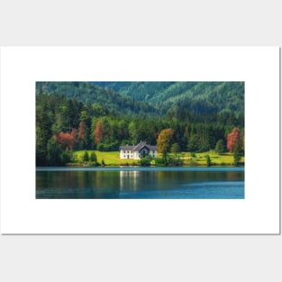 Mansion by the lake during autumn Posters and Art